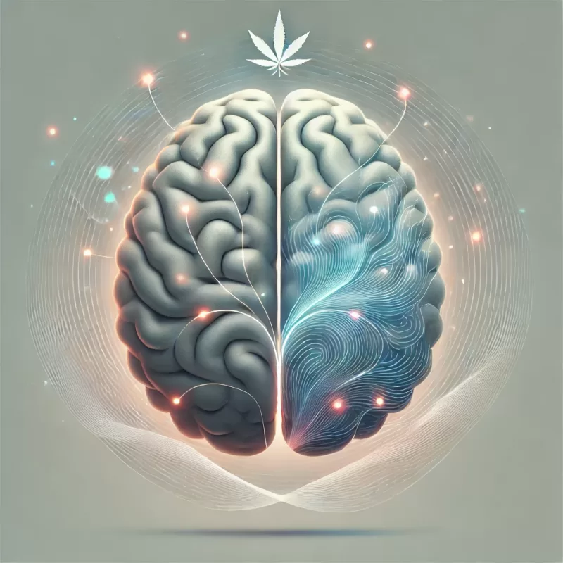A visually striking digital representation of the human brain, depicting the effects of cannabis with neural activity and artistic enhancement.